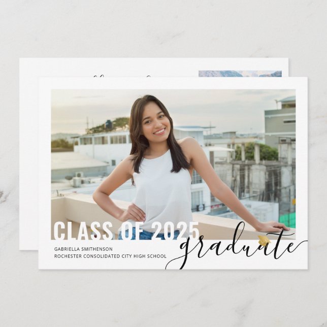 Photo Collage Modern Script Graduation Open House  Announcement (Front/Back)