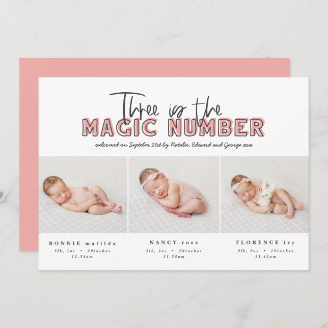 Photo collage modern triplet birth announcement (Front/Back)