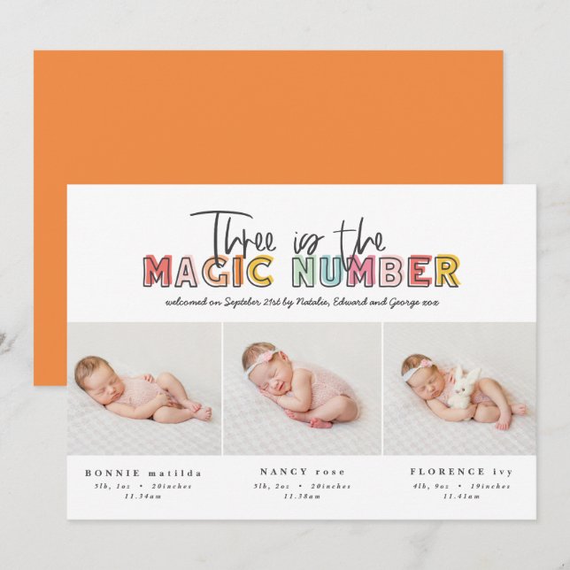 Photo collage modern triplet birth announcement (Front/Back)