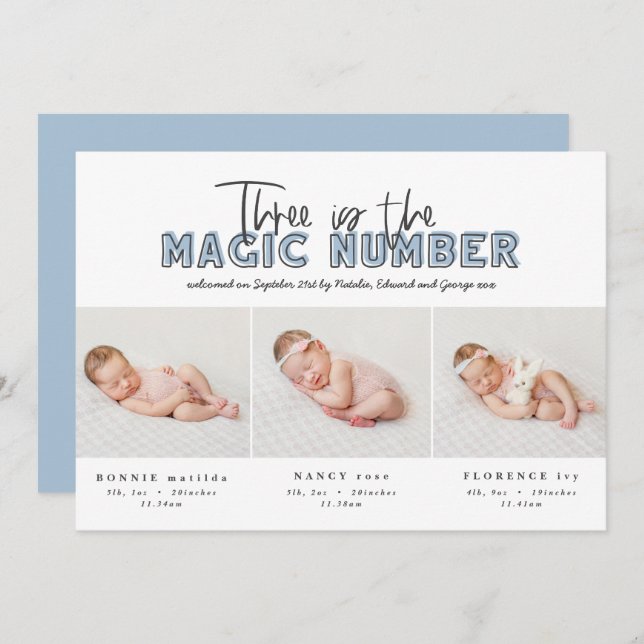 Photo collage modern triplet birth announcement (Front/Back)