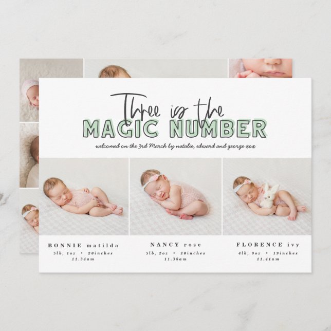 Photo collage modern triplet birth announcement (Front/Back)