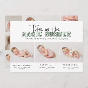 Photo collage modern triplet birth announcement