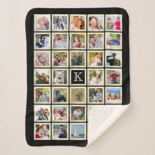 Photo Collage Monogram Black Gold Frame 34 Pics Sherpa Blanket
