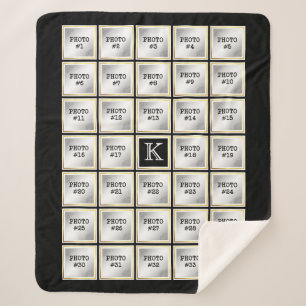 Photo Collage Monogram Black Gold Frame 34 Pics Sherpa Blanket