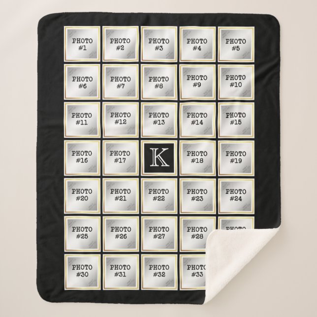 Photo Collage Monogram Black Gold Frame 34 Pics Sherpa Blanket (Front)