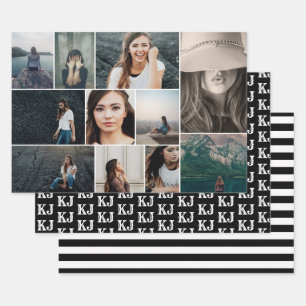 Photo Collage Monogram Black White Wrapping Paper Sheet
