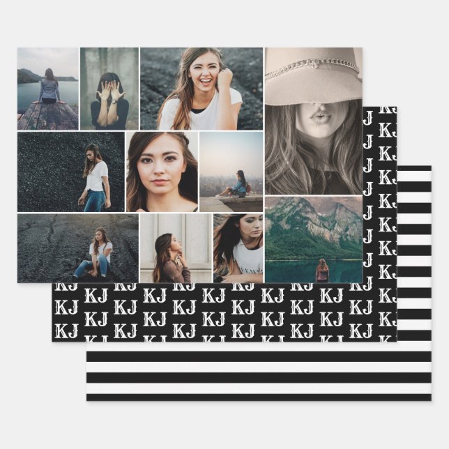 Photo Collage Monogram Black White Wrapping Paper Sheet (Set)