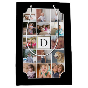 Photo collage monogram curved corners black medium gift bag