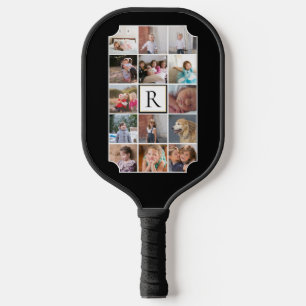 Photo collage monogram curved corners black pickleball paddle