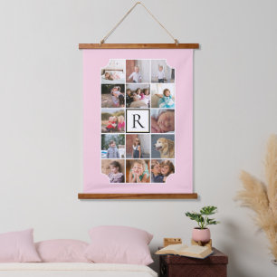 Photo collage monogram curved corners blush pink h hanging tapestry