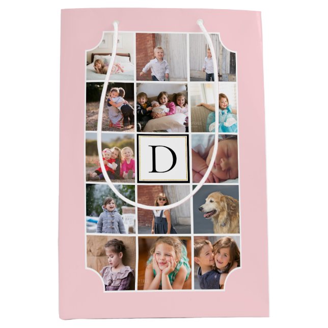 Photo collage monogram curved corners blush pink medium gift bag (Front)