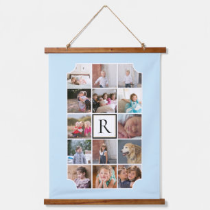 Photo collage monogram curved corners light blue hanging tapestry