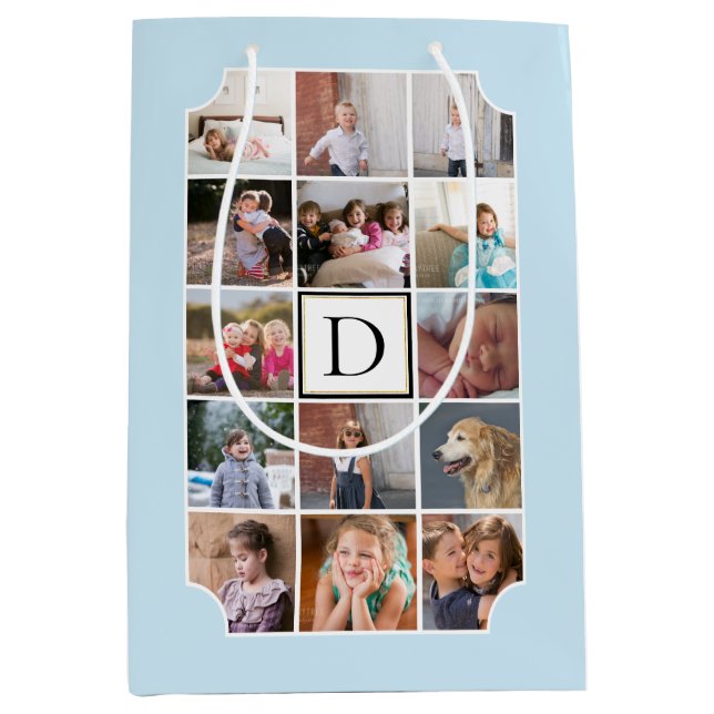 Photo collage monogram curved corners light blue medium gift bag (Front)