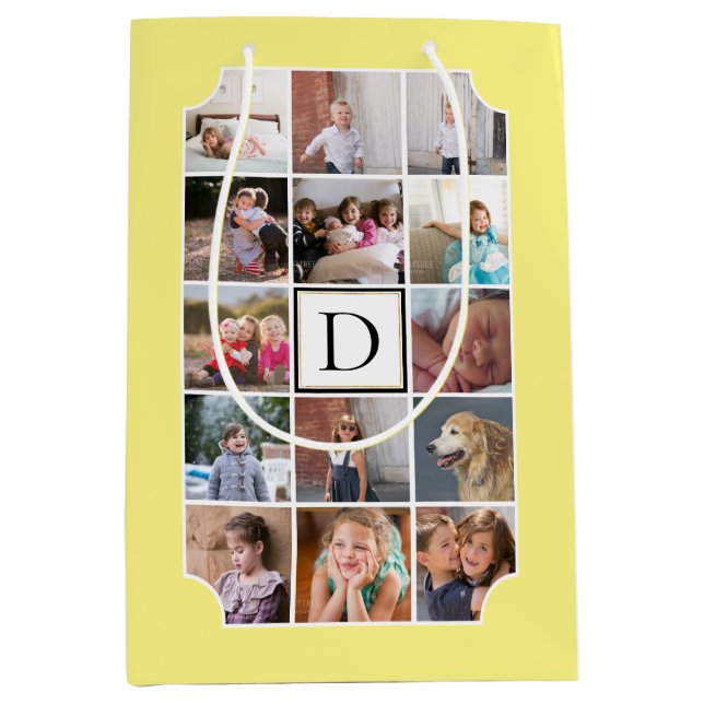 Photo collage monogram curved corners light yellow medium gift bag (Front)