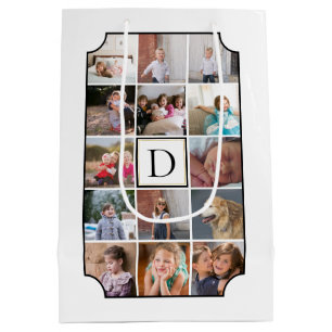 Photo collage monogram curved corners white medium gift bag
