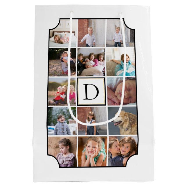 Photo collage monogram curved corners white medium gift bag (Back)