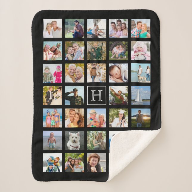 Photo Collage Monogram Editable Black Sherpa Blanket (Front)