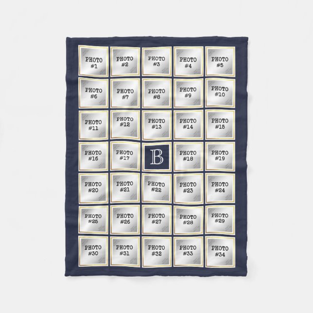 Photo Collage Monogram Gold Frame Editable Blue Fleece Blanket (Front)