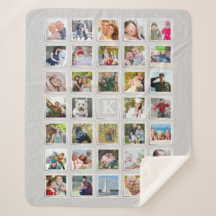 Photo Collage Monogram Grey Silver Frame 34 Photos Sherpa Blanket