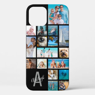 Photo Collage Monogram Name 17 Photos Black Case-M iPhone 12 Case