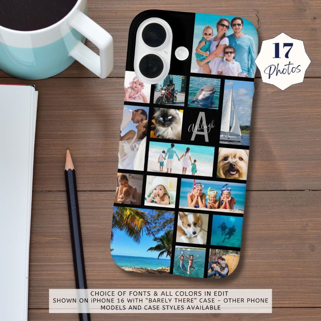 Photo Collage Monogram Name 17 Photos Black Case-Mate iPhone Case (Creator Uploaded)