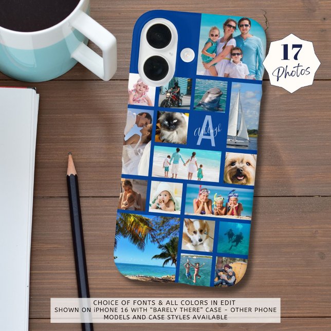 Photo Collage Monogram Name 17 Photos Blue Case-Mate iPhone Case (Creator Uploaded)