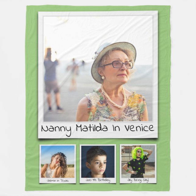 Photo Collage Monogram Names Pistachio Green Large Fleece Blanket (Front)