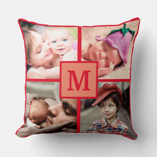 Photo Collage Monogram Personalise Red Pictures Cushion (Front)