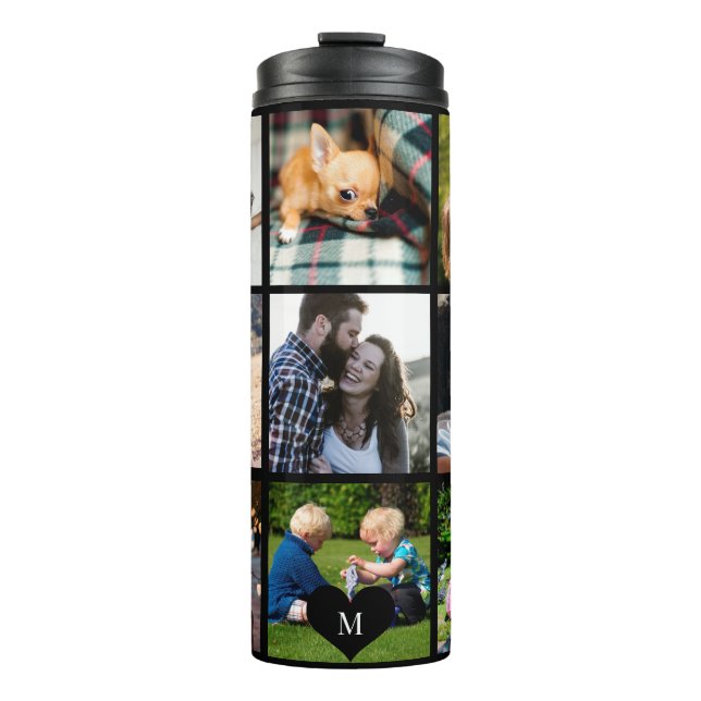 Photo collage monogram personalised modern black thermal tumbler (Front)