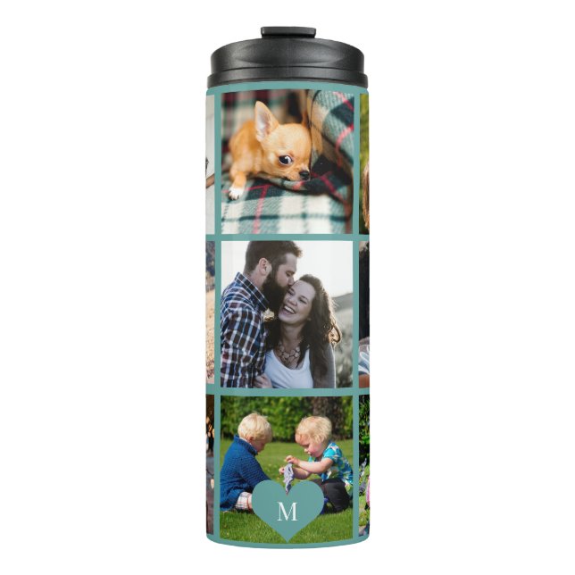 Photo collage monogram personalised modern green thermal tumbler (Front)