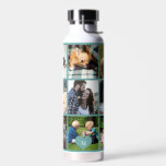Photo collage monogram personalised modern green water bottle<br><div class="desc">Add 9 family, kids, pets or best friends photos and create your own beautiful collage grid water bottle with your monogram name initial inside a green heart. Easy to personalise with your custom square images and letter. It can be a nice thoughtful keepsake gift for a family member, friend or...</div>
