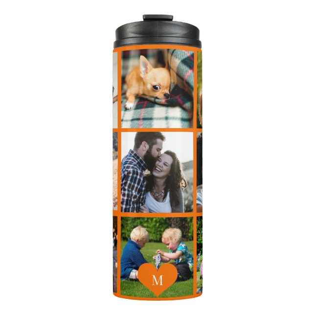 Photo collage monogram personalised modern orange thermal tumbler (Front)