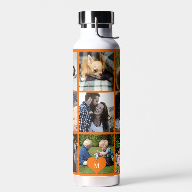 Photo collage monogram personalised modern orange water bottle (Left)