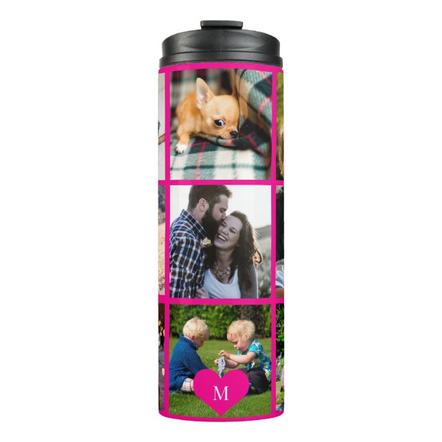 Photo collage monogram personalised modern pink thermal tumbler (Front)