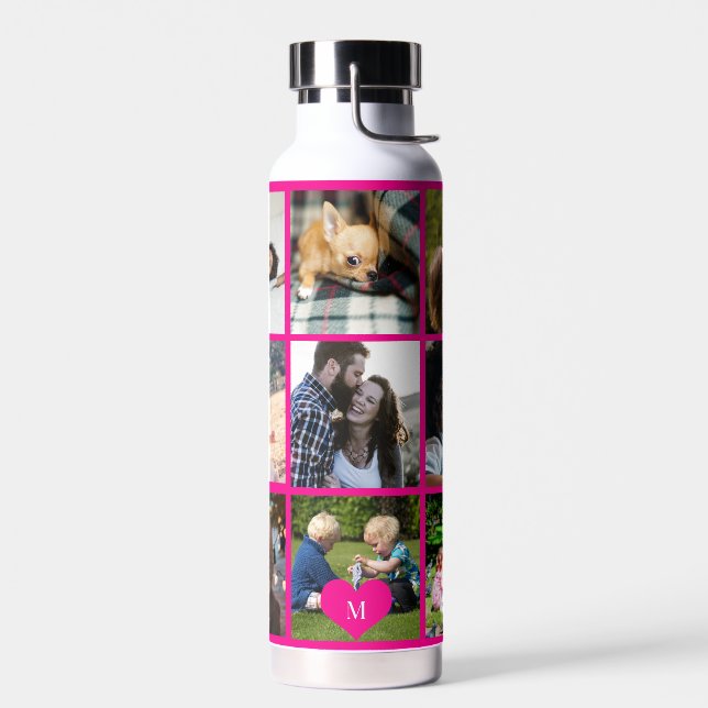 Photo collage monogram personalised modern pink water bottle (Left)