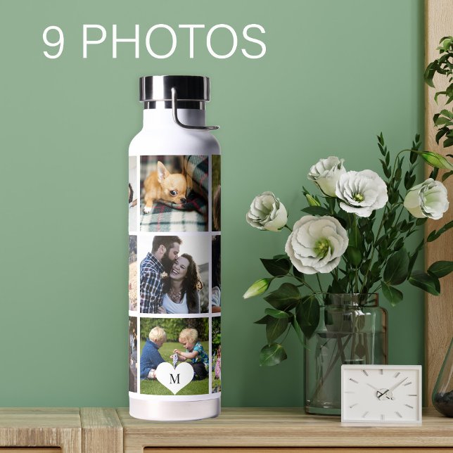 Photo collage monogram personalised modern water bottle (Creator Uploaded)