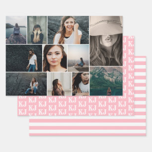 Photo Collage Monogram PInk White Wrapping Paper Sheet