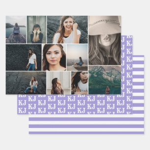 Photo Collage Monogram Purple White Wrapping Paper Sheet