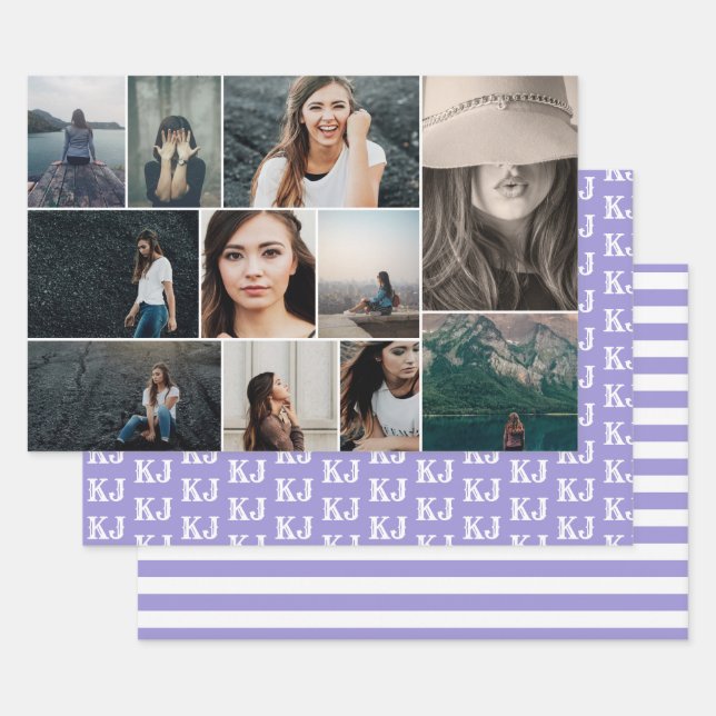 Photo Collage Monogram Purple White Wrapping Paper Sheet (Set)