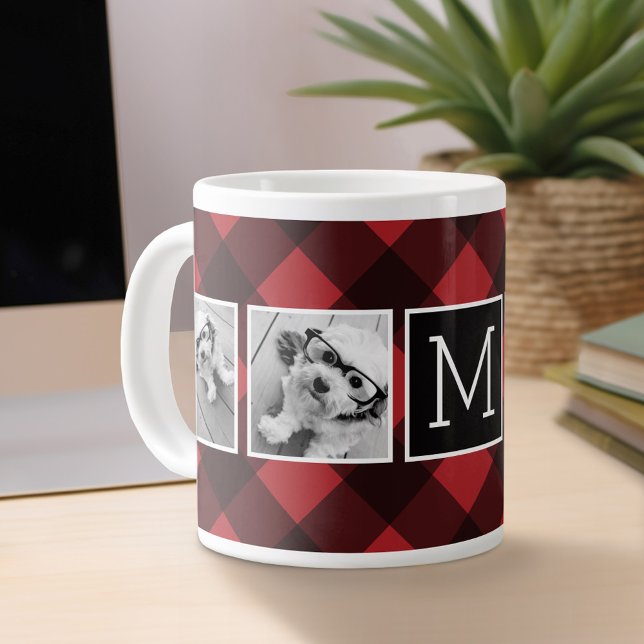 Photo Collage - Monogram Red Black Buffalo Plaid Large Coffee Mug (Personalized mug)