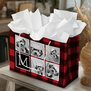 Photo Collage - Monogram Red Black Buffalo Plaid Large Gift Bag
