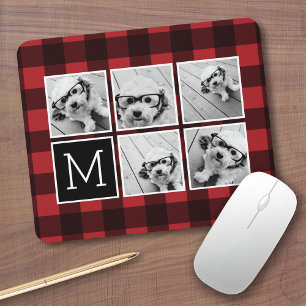 Photo Collage - Monogram Red Black Buffalo Plaid Mouse Mat