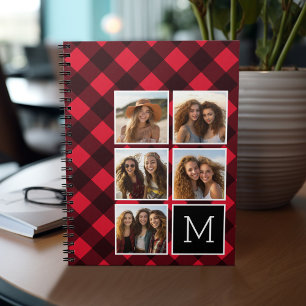 Photo Collage - Monogram Red Black Buffalo Plaid Notebook