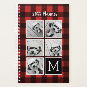 Photo Collage - Monogram Red Black Buffalo Plaid Planner