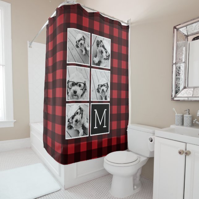 Photo Collage - Monogram Red Black Buffalo Plaid Shower Curtain (In Situ)