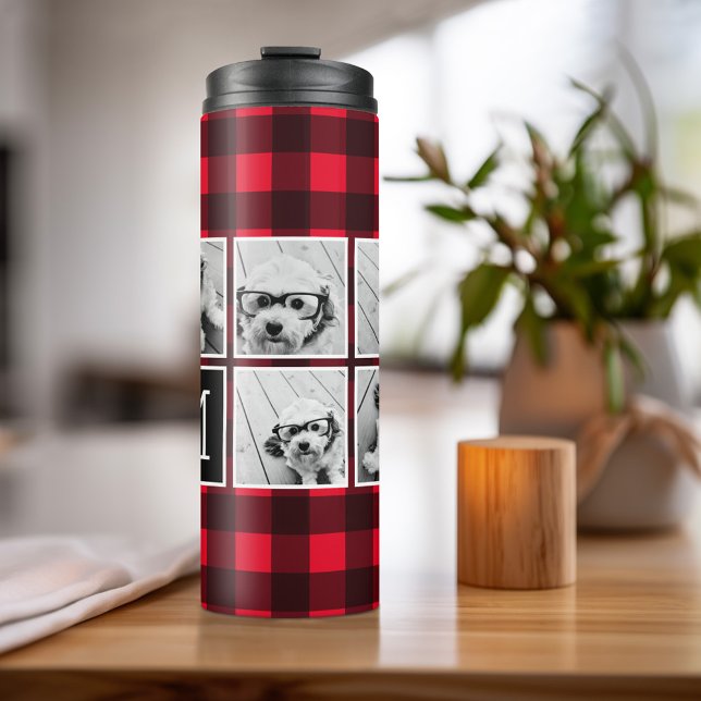 Photo Collage - Monogram Red Black Buffalo Plaid Thermal Tumbler (Personalized Thermal Tumbler - Add Photos, Text - Customize Completely in the Advanced Design Area)
