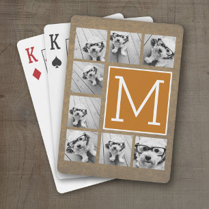 Photo Collage Monogram - Rustic Kraft and Orange Playing Cards
