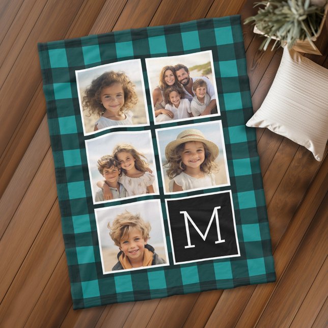Photo Collage - Monogram Teal Black Buffalo Plaid Fleece Blanket (Personalized fleece blanket with 5 photos and a monogram)