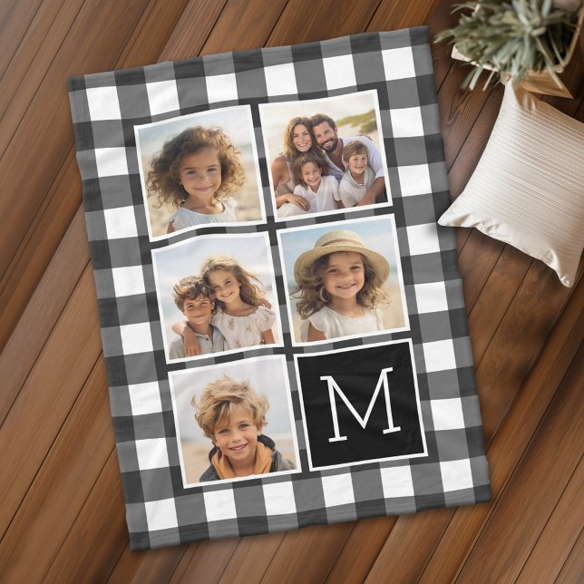 Photo Collage Monogram White Black Buffalo Plaid Fleece Blanket (Personalized fleece blanket with 5 photos and a monogram)