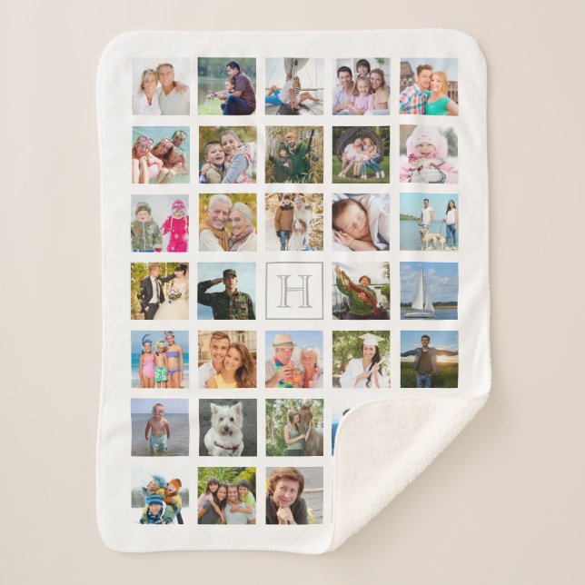 Photo Collage Monogram White Grey Sherpa Blanket (Front)